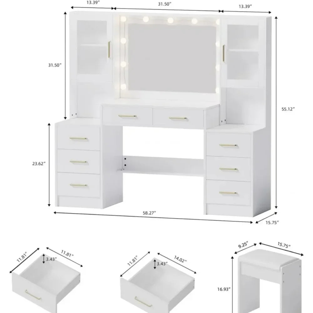 Mirrored Lighted Makeup Desk Set/ 10 LED Lights/8 Metal Sliding Drawers/ 2 Glass Cabinet Doors/2 AC Outlets 125V/ 12A/2 USB Ports 5V/2A/6-Foot Power Cord/Colors-White/Black