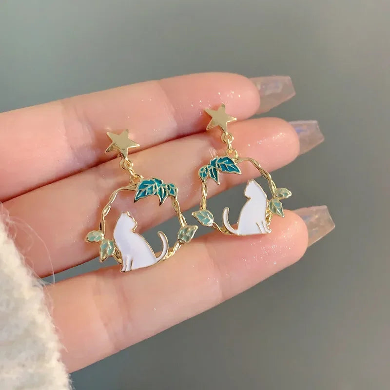 Women-Teen Girls Metal Long Tassel Asymmetrical Enamel Needle Cute Cartoon Cats Coffee-Teacup Dangle Drop Fine Imitation Earrings/Colors-Green/Multicolor/Geometric/Animals