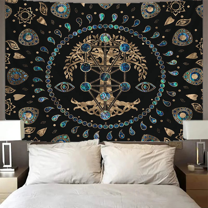 Black Background Polyester Nature Mysterious Garden Of Eden Green Tree of Life Forest-Sun-Beige Moon Spiritual Wall Hanging Tapestries/Colors-Green/Black/Beige