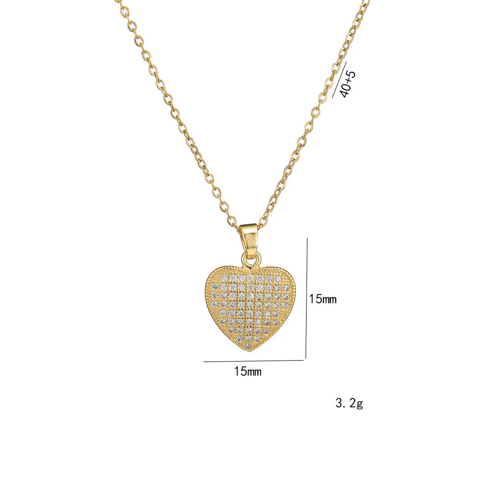 Women-Teen Girls Stainless Steel Metal Gold Plated Copper Zircon Heart Imitation Pendant Necklaces