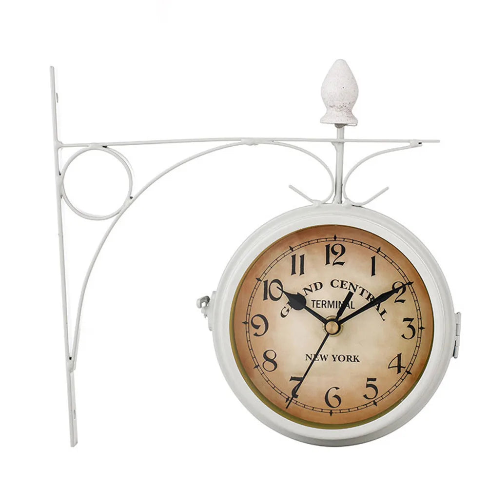 Retro European Acrylic Round Double-Sided Vintage Quartz Metal Bracket Wall Clocks/Colors-White/Black/ 1-AA Carbon-Zinc Battery (Not Included)