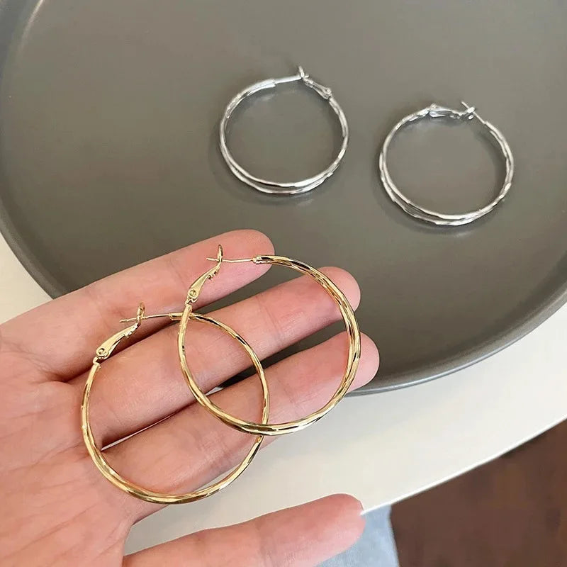 Women Imitation Punk Hip-Hop Oversize Gold-Copper Plated Stainless Steel Thick Hoop Round Circle Metal Earrings/Colors-Gold/Silver