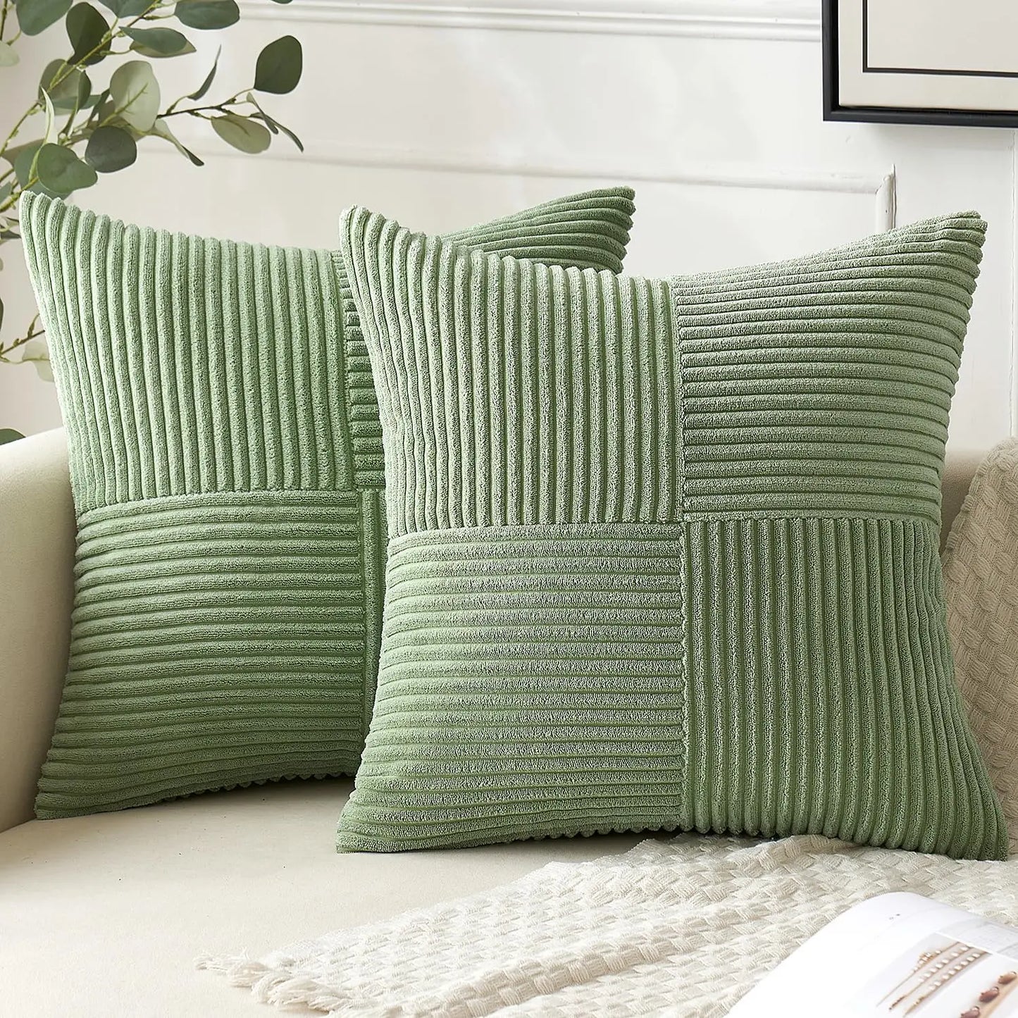 2 PCS Set Solid Color Cotton-Polyester Corduroy Striped Throw Pillow COVERS Only /Colors-Beige/Wine Red/Pink//Dark Gray/Bean Green/Dark Green/ Denim Blue/ White/Bright Yellow/Sizes: 18 x 18 Inches/Concealed Zipper