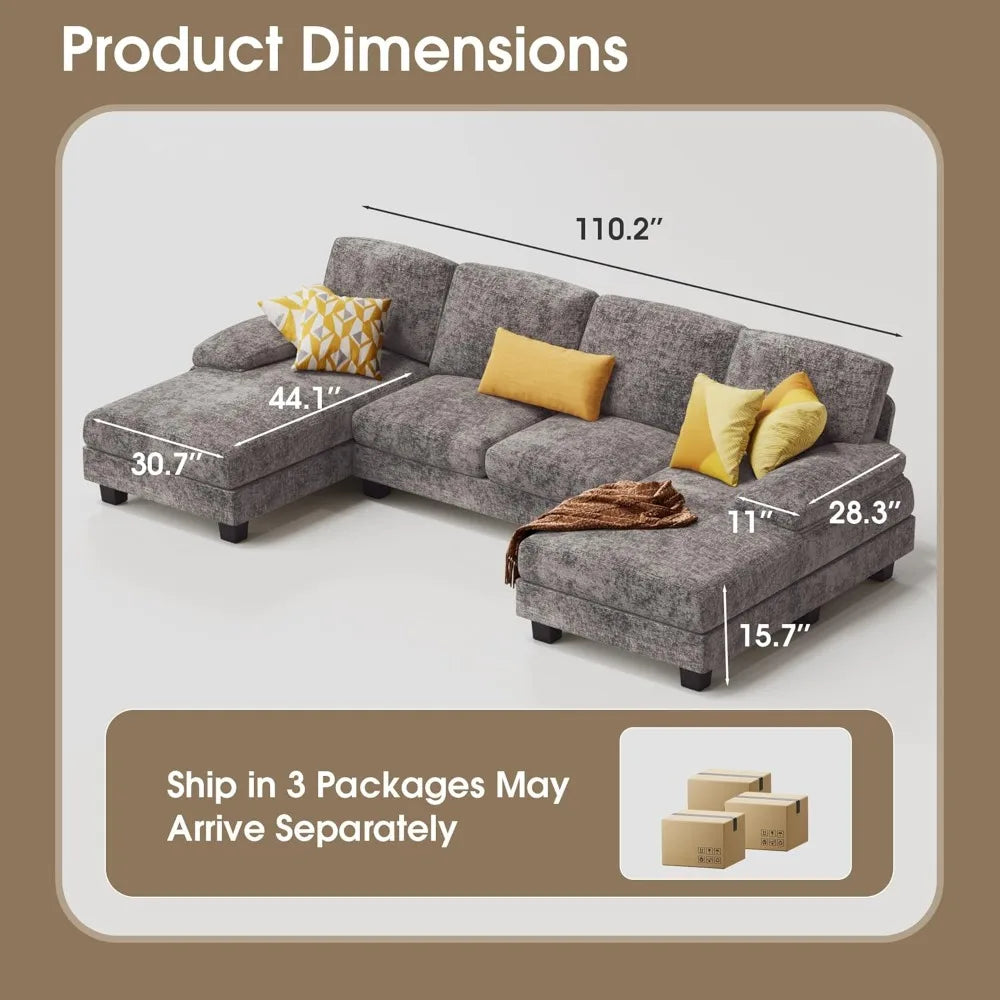 U-Shaped Gray Sectional Hemp Medium Soft Couch Set