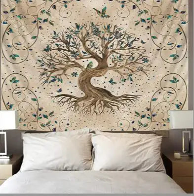 Black Background Polyester Nature Mysterious Garden Of Eden Green Tree of Life Forest-Sun-Beige Moon Spiritual Wall Hanging Tapestries/Colors-Green/Black/Beige