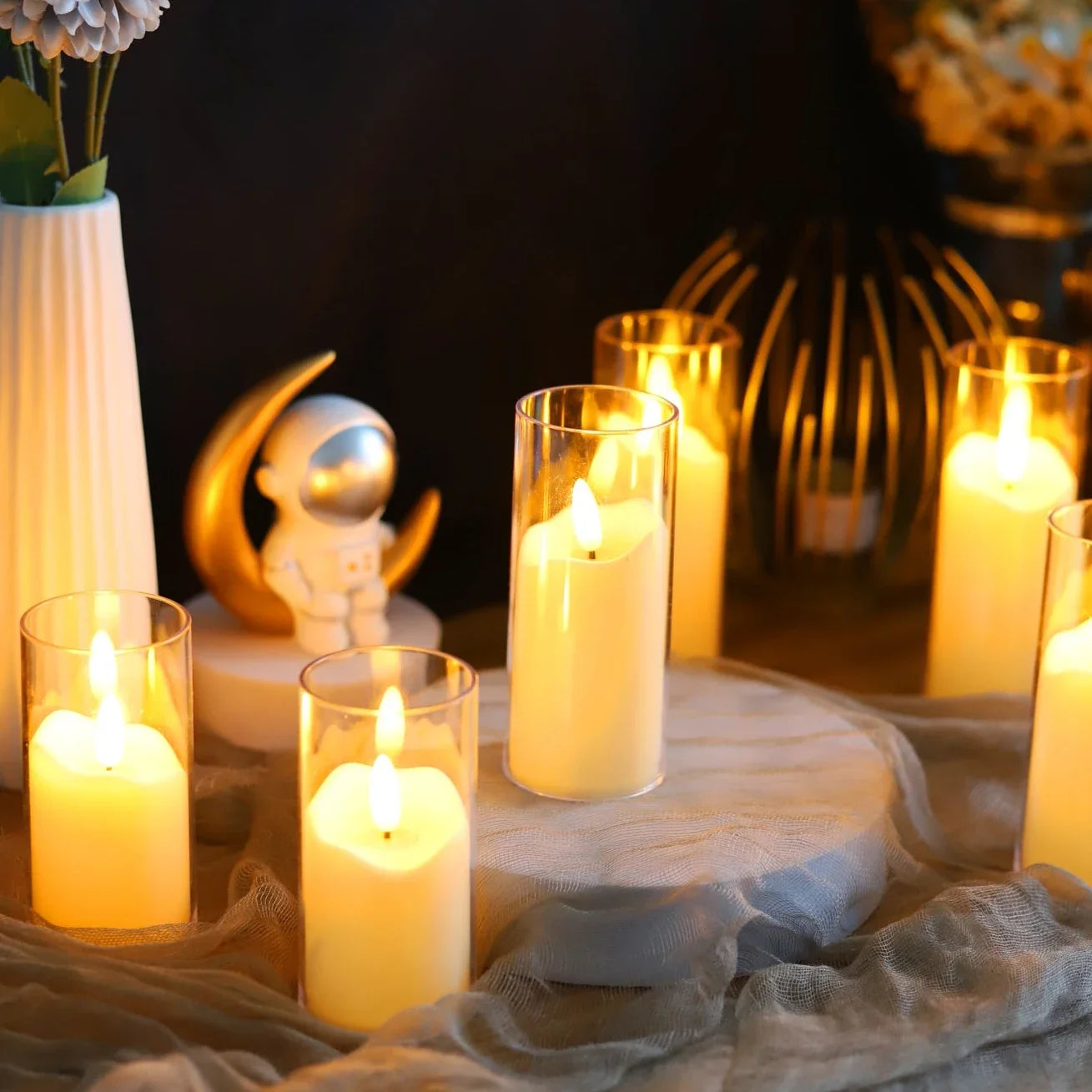 6 PCS Set LED Round Cup-Shaped Plastic Acrylic Glass Electronic Realistic Flickering Flameless Small Tealight Candles/Batteries Included/ 3 Extra-AG13 Batteries/Colors-White/Clear/Yellow