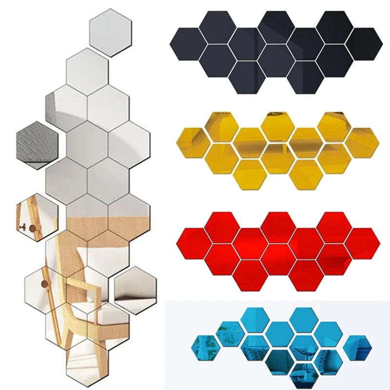 12/24Pcs 3D Hexagon Self Adhesive Removable Acrylic Wall Mirror Stickers/Colors-Silver/Red/Blue