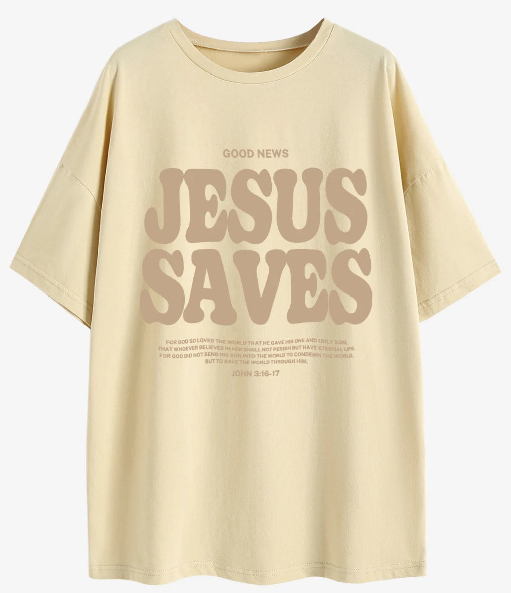 Women's Oversized Short Sleeves Ruffles O-Neck Good News Jesus Saves ( John 3: 16-17 Bible Verse) T-Shirts/Sizes: S-2XL/Colors-Brown/Gray/Green/Beige/Black/White