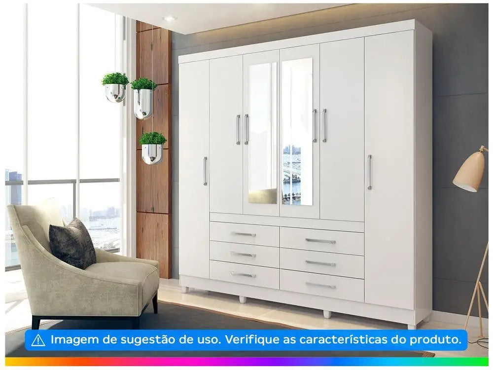 White Paris II-2/ Mirrored Doors Wardrobe w/Metallic Slides Hinges /6 Drawers Storage For Cloths
