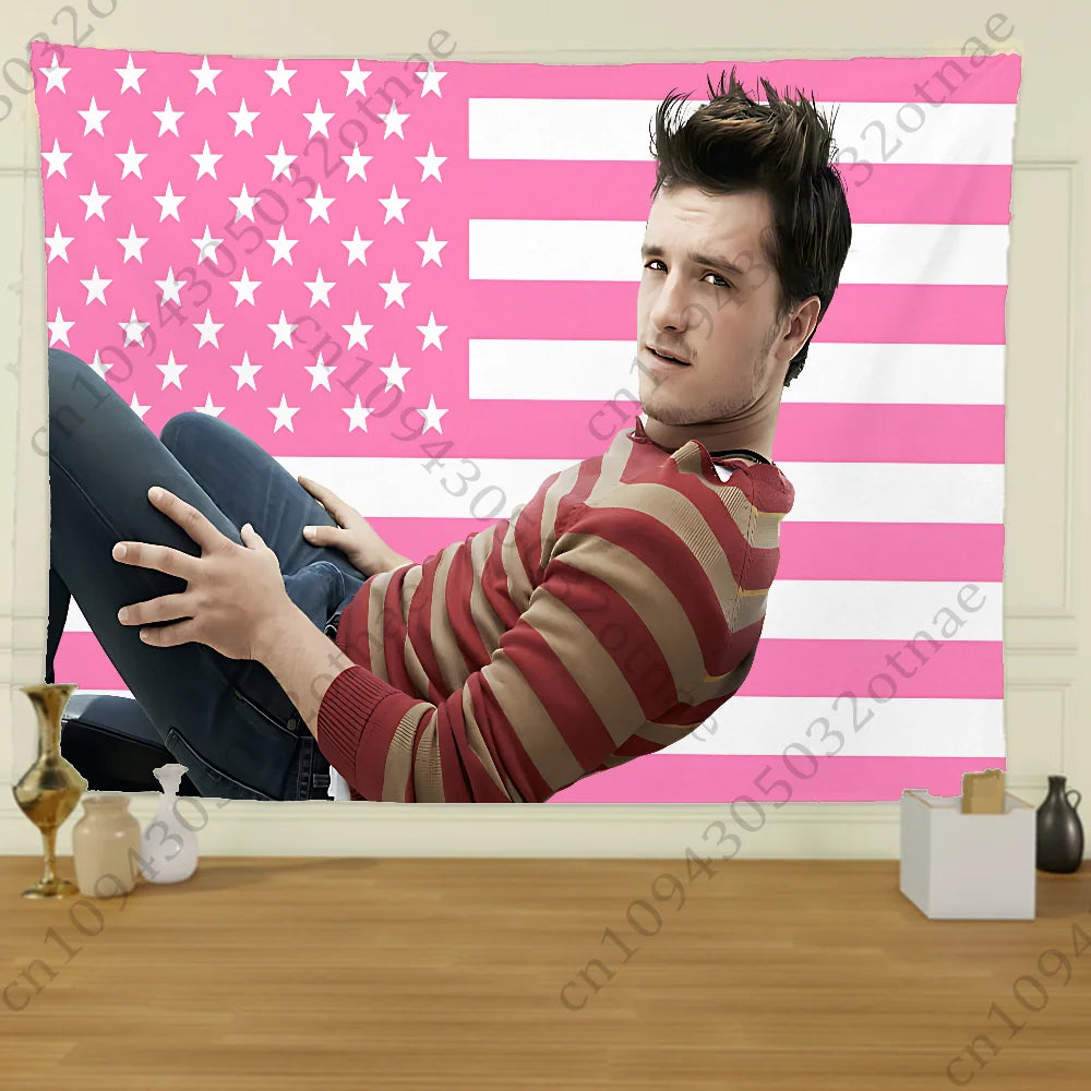 Customized Indoor Polyester Rectangle Printed Portrait J-Josh Hutcherson Hand Pull Pink-Red USA Cotton-Linen Fabric Flag Tapestries
