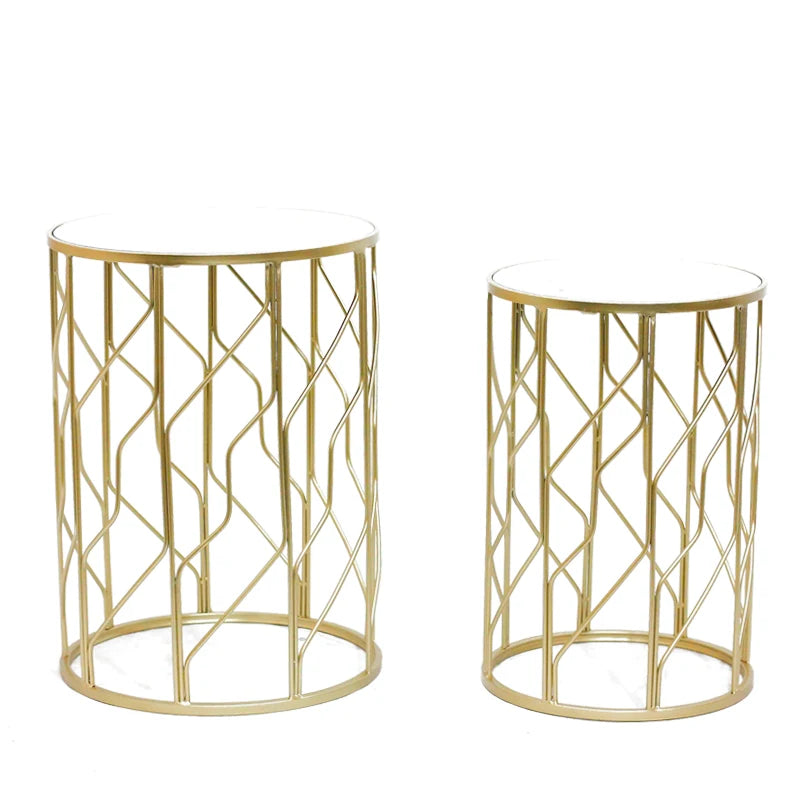 2 pcs Small Round Metal Gold Mirrored Top Surface End Tables/Sizes: 16.14 x 16.14 x 22inch/13.38 x 13.38 x 20inch