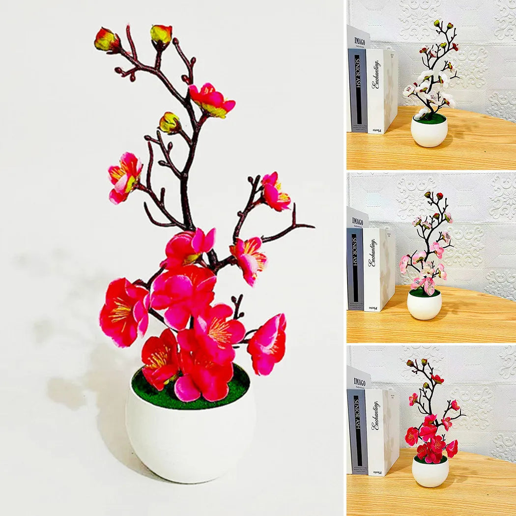 Plastic Rosales Bonsai Plum Blossom Artificial Potted Plants/Colors-Floral/Red