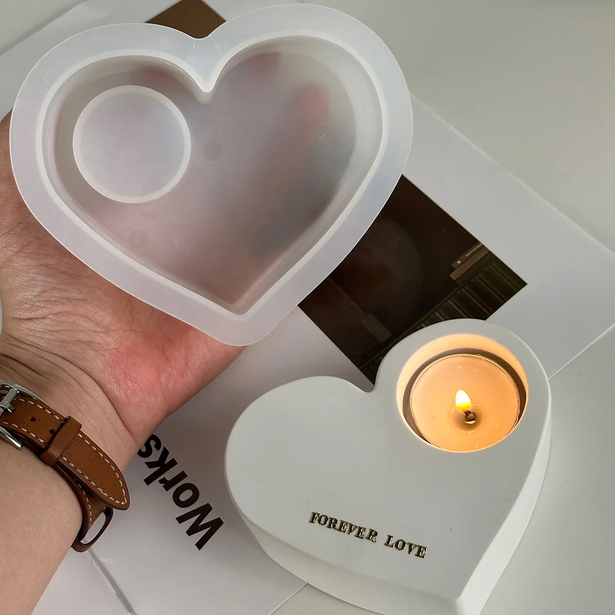 Silicone Heart-Moon Shape Plaster Cement DIY Handmade Resin Craft Milky White Candleholder Molds