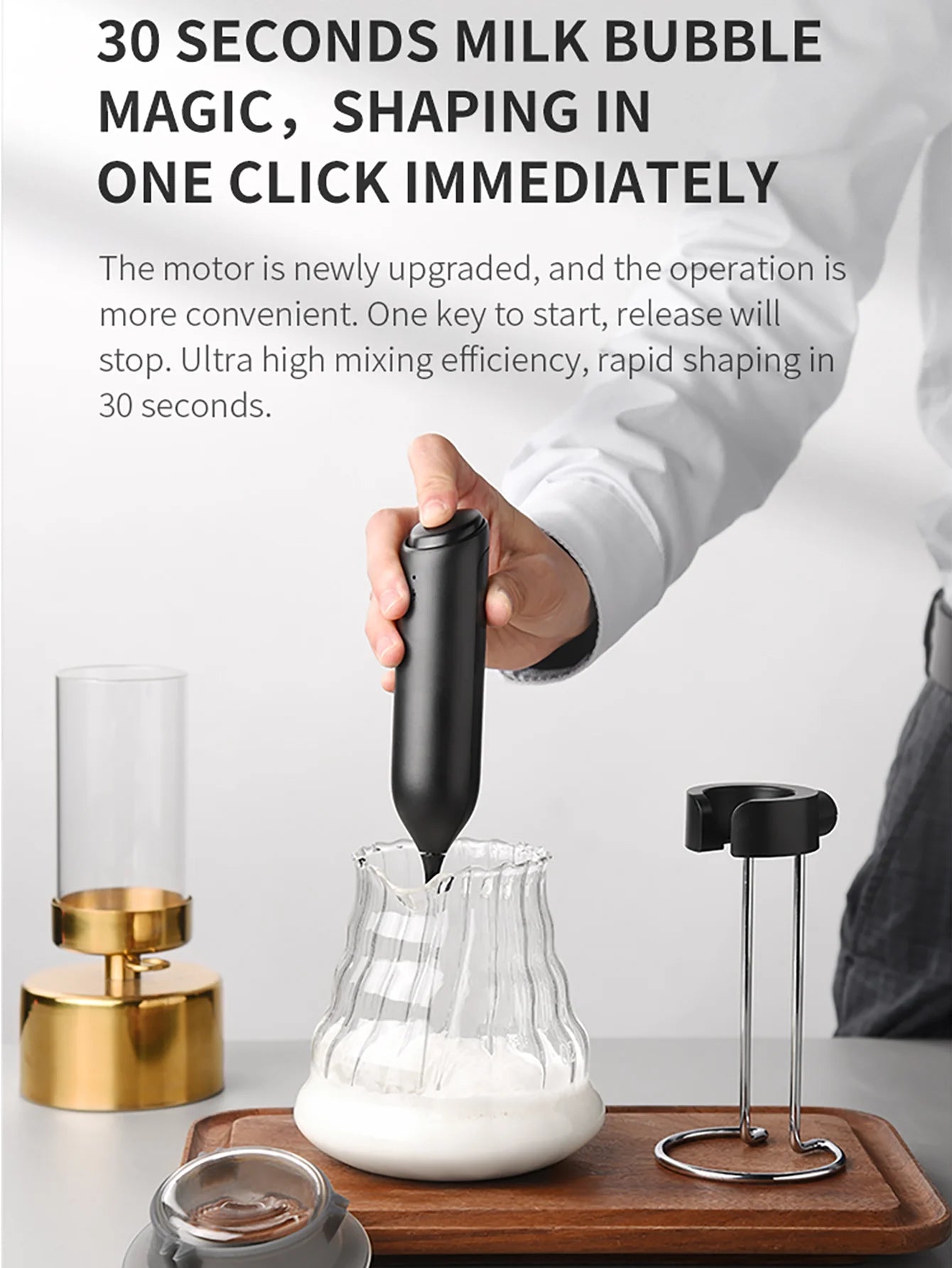 USB Black Rechargeable Handheld Stain Steel Stirring Head Electric Milk Frother Wand