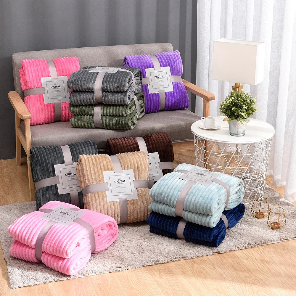 Solid Colored Striped Pattern Soft Warm Coral Fleece Polyester Flannel Blankets/Colors-Light Gray/Dark Gray/Dark Blue/Sky Blue/ Purple/ Yellow/Coffee/Pink/Khaki/Ivory/Machine Washable