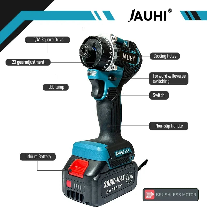 JAUHI Industrial Grade 388VF Red Button-Blue-Black Pistol Handle Brushless Electric Impact Wrench Rechargeable Lithium Battery-Powered Cordless Drill Power 18V Screwdrivers/Adapts To Makita 18V Lithium Battery/Colors-Black/Red/Gray/Blue