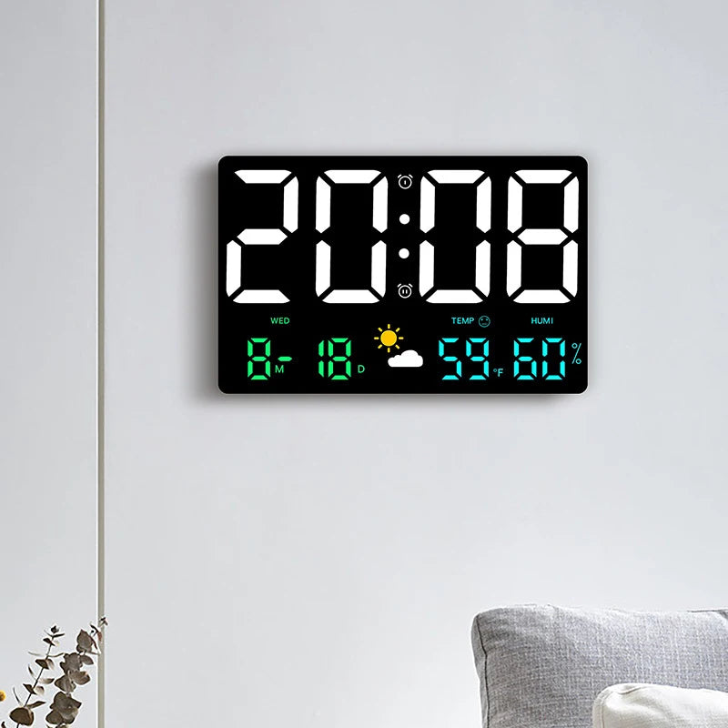 Black LED Plastic Rectangle Digital High-Definition Large-Screen Temperature-Humidity-Time Display Multi-Function Color Wall Alarm Clock