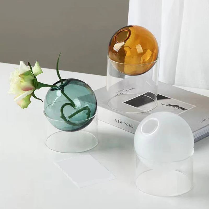 Mini Nordic Tabletop Borosilicate Glass Ecological Round Bottle Vases/Colors-White/Orange/Blue/Clear