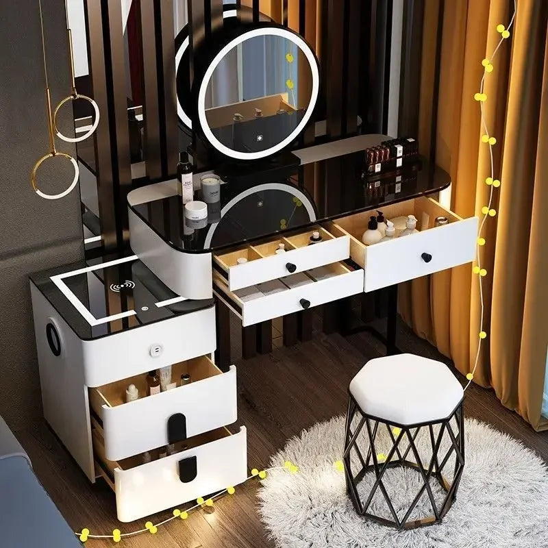 Modern Style White Adjustable LED Smart Touch-Controlled Lighted Round Mirror Black Tempered Glass Countertop Solid Pine Wood Draws Make-Up Vanities /2 USB Wireless Ports /Bluetooth Speakers/Colors-Black/Gray/White
