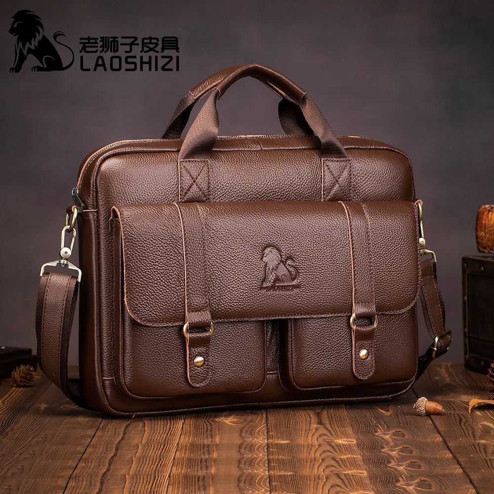 Men Flap Pocket Cow Leather Zipper Briefcase Polyester Bags/ Crossbody Shoulder Straps-Handles/Fits 14 Inch Laptop/IPAD 13.3 Inch Tablet/External Pockets/Built-In Compartments/Colors-Black/Brown