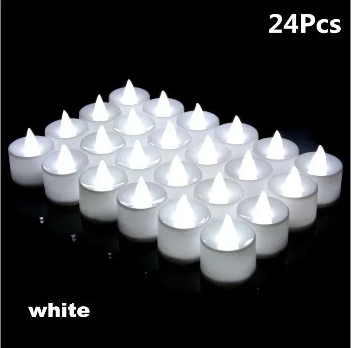White 12-24-48 PCS Set Small Tealight Plastic Round Flameless LED Electronic Glowing Pillar Candles/Battery Included