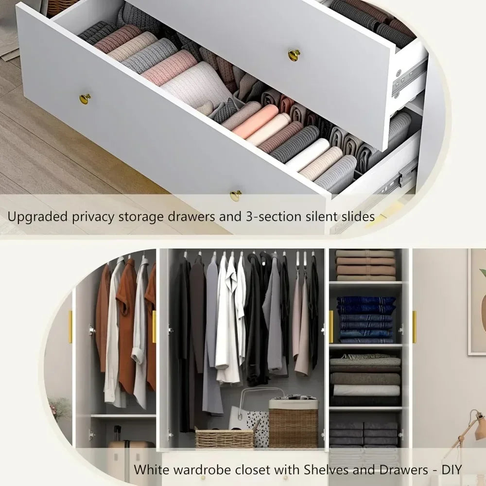4 Door Armoire Mirrored Wardrobe Closet w/ 2-Way Remote Control LED Lighted Armoire/ 2 Drawers/Colors-White/Purple/Black/Dimensions: 19.7"D x 47.2"W x 70.1"H