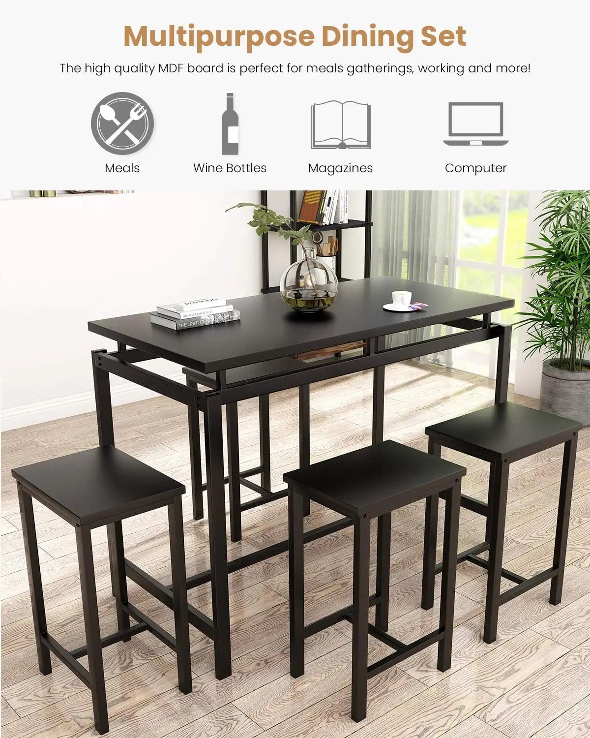 5 PCS Modern Wood Kitchen Table Top w/Iron Frame / 4 Iron Pub Bar Stools/Colors-Brown/Black