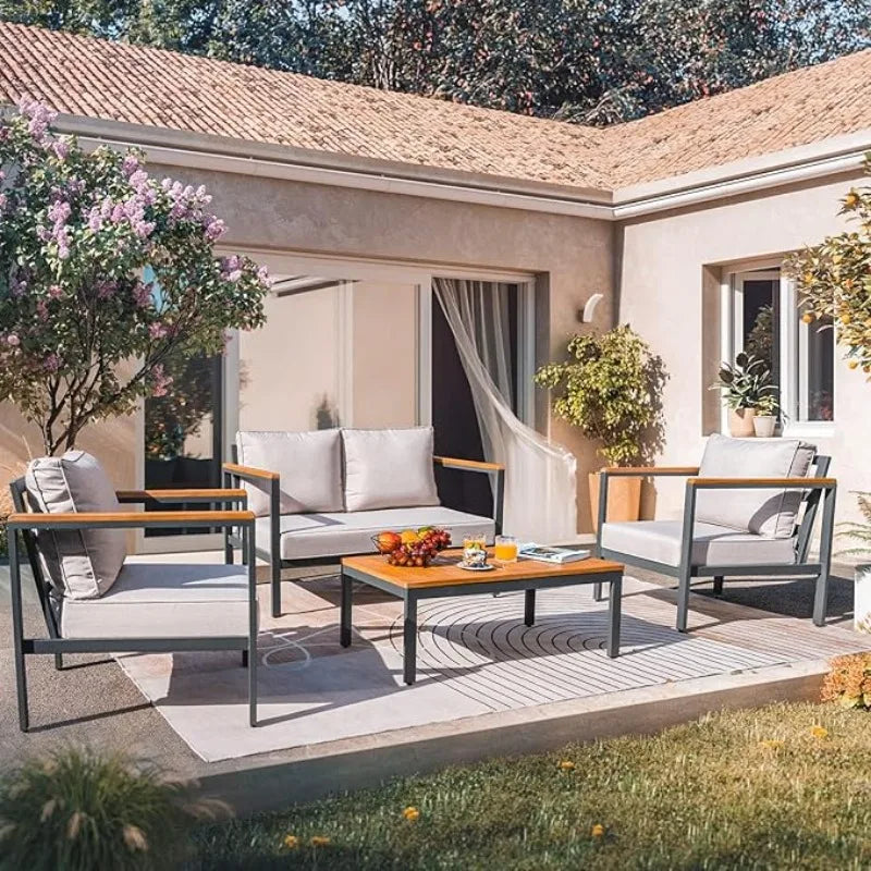 4 Piece Beige Patio Furniture Set w/Solid Wood Armrest/ Anti-Drop Table Top/Thick Waterproof Cushion/One Size