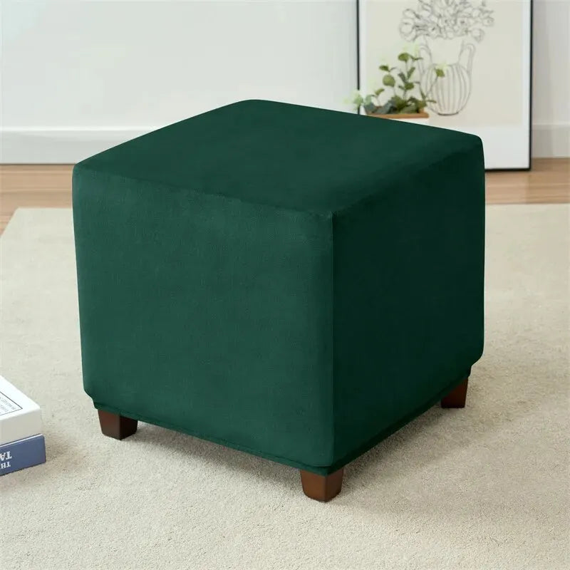 Soft Velvet Cotton-Polyester Square Ottoman Footrest Elastic Slipcovers/Colors-Green/White/Beige/Red/Gray
