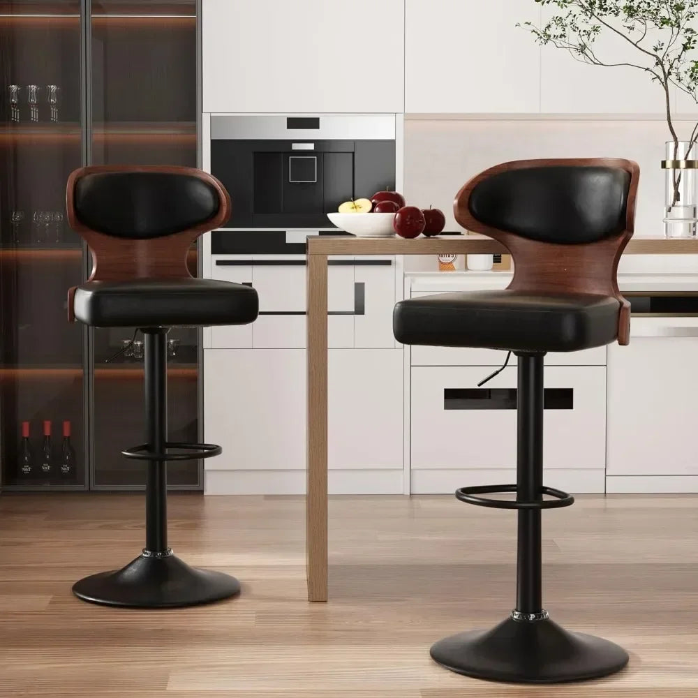 2 pcs L-Shaped Adjustable Height Solid Wood Low Backrest Bentwood Swivel Waterproof Leather Upholstered Cushion Barstools/Black Metal Frame Base /Footrest/Colors-Black/Blue/Green/Brown