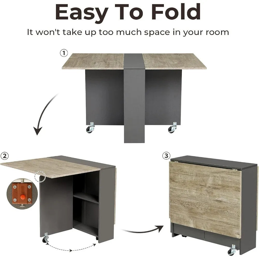 Rectangle Wood Folding Dining Table w/2 Storage Racks/ Drop Leaf Table w/ 6 Wheels/Colors-Wood +White/Chestnut +Gray/Brown +Black
