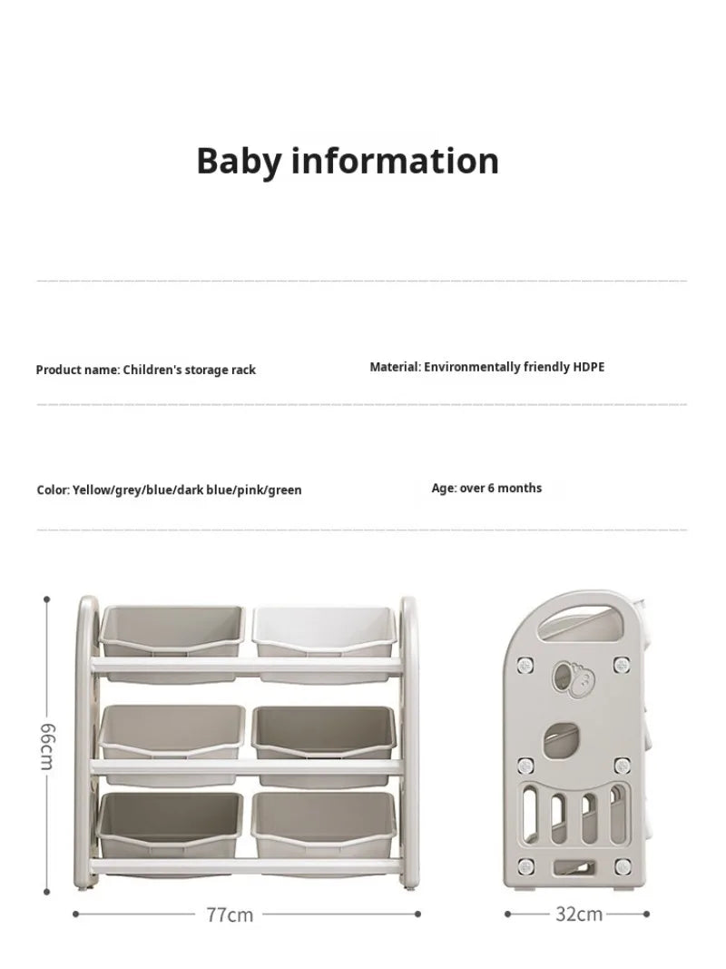 Babies-Toddlers Eco-Friendly 3-Tier Shelves Thick Plastic Toy Storage Cabinet/Ages: Over 6 Months Old/Colors-Gray/Pink/White/Black/Green/6-Plastic Storage Boxes Included