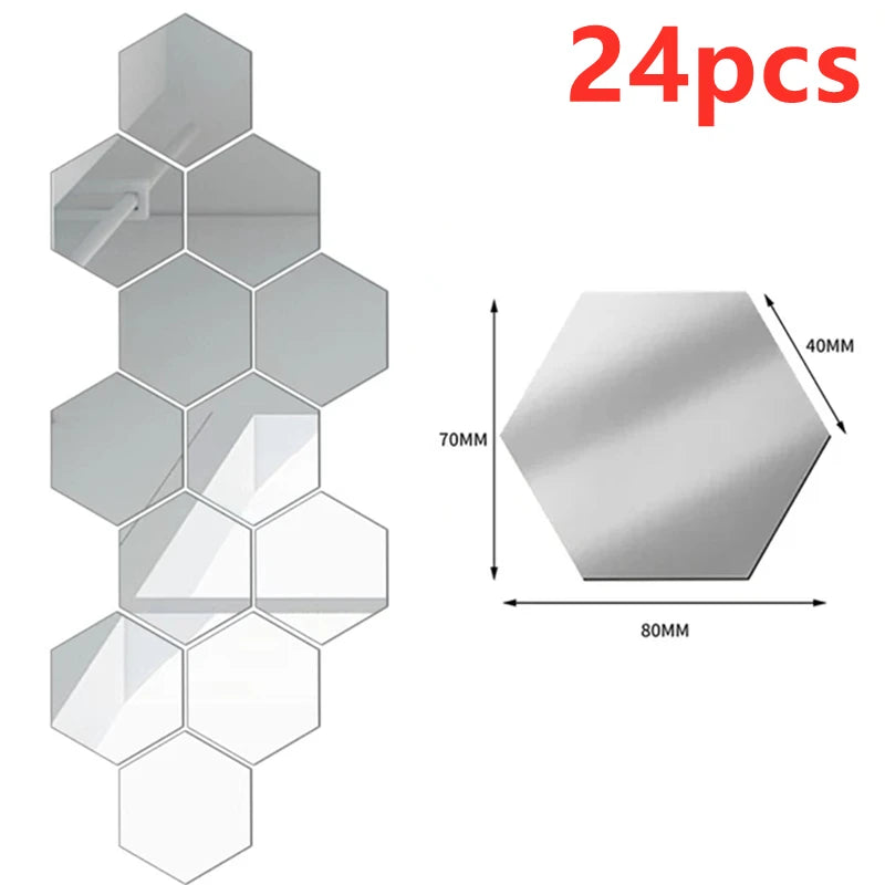 12/24Pcs 3D Hexagon Self Adhesive Removable Acrylic Wall Mirror Stickers/Colors-Silver/Red/Blue
