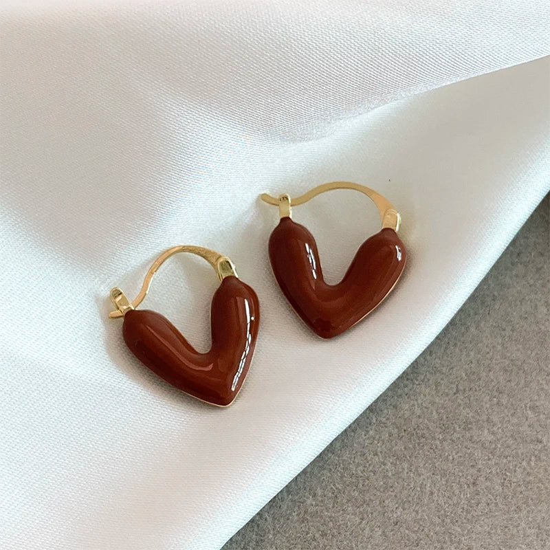 Women Imitation Red Wine Enamel Heart Shaped Tear Drop Gold Copper Earrings