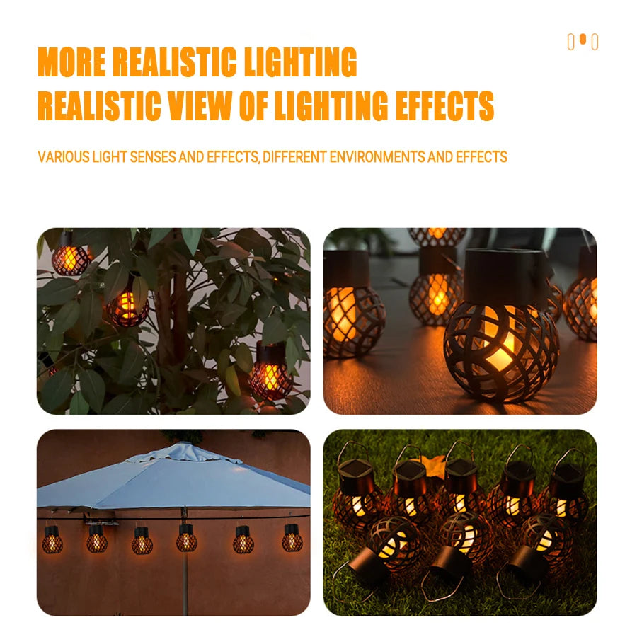1-6Pcs LED Outdoor Flame Effect Hanging Lantern Out Waterproof Garden Decoration Lamp Solar Fairy Light For Patio Garden Yard