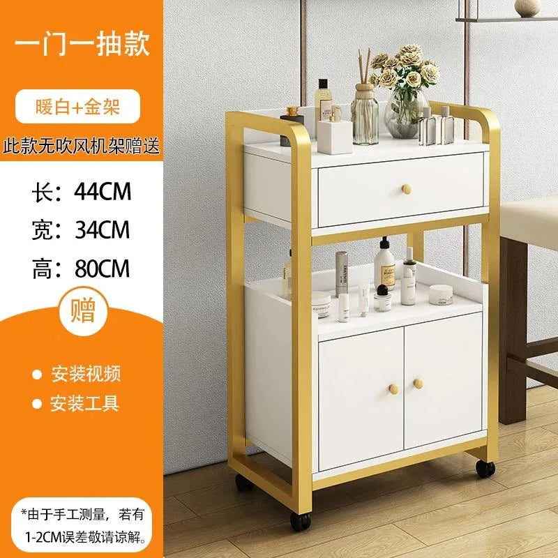 DUTRIEUX Modern White One-Storage Cabinet-Lockers Gold Iron Metal Frame Two Sliding Doors Four Black Plastic Wheel Trolley Carts/Colors-Gold/Brown/Black/White