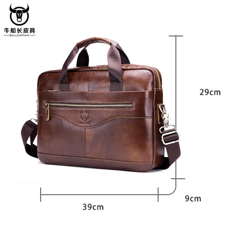 BULLCAPTAIN Cow Leather Zipper Briefcase Polyester Bags/ Handles/ Shoulder Straps/Fits 14 Inch Laptop/Built-In Compartment/Colors-Brown/Black