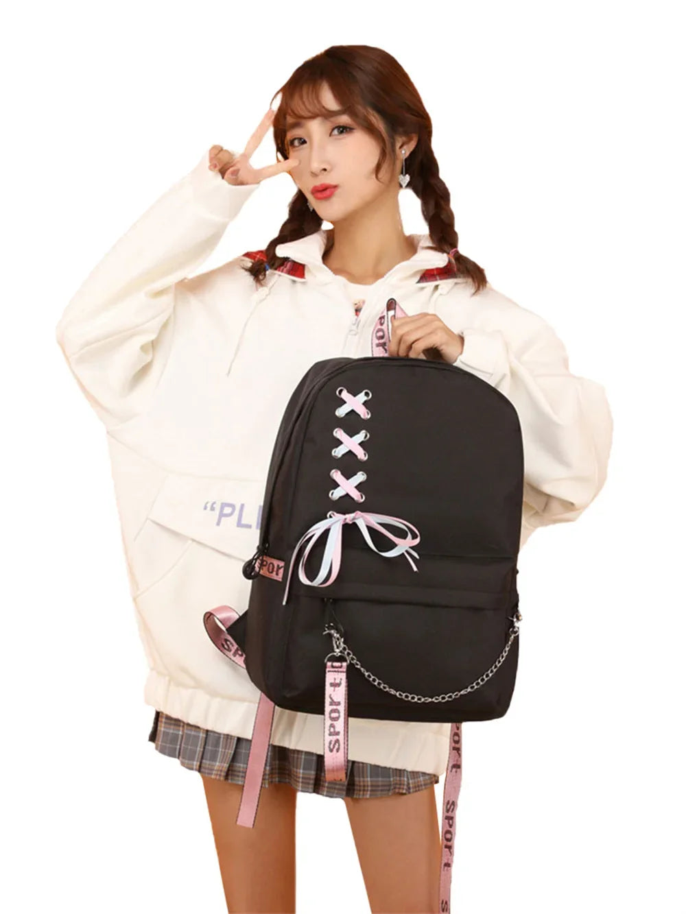 Decorative White Bow Canvas Nylon Printed Kawaii Cat Curved Back Support Zipper Black Backpacks/USB Charging/Built-In Laptop Compartment/Back Straps-Handle