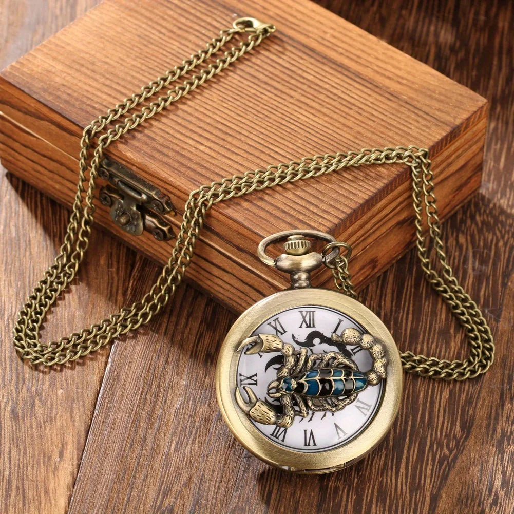 RUNERR Adults Men Vintage Quartz Glass Face Bronze Round Metal Alloy Case Roman Numeral Electronic Drive Mode Scorpion Arachnida Hollow-Out Punk Analog-Digital Display Necklace Chain-Pocket Watches