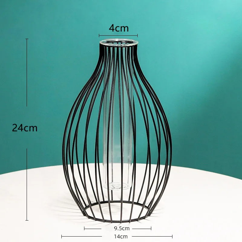 Nordic Glass Vase Inside Geometric Line Iron Metal Frame Vase/Colors-Black/Gold
