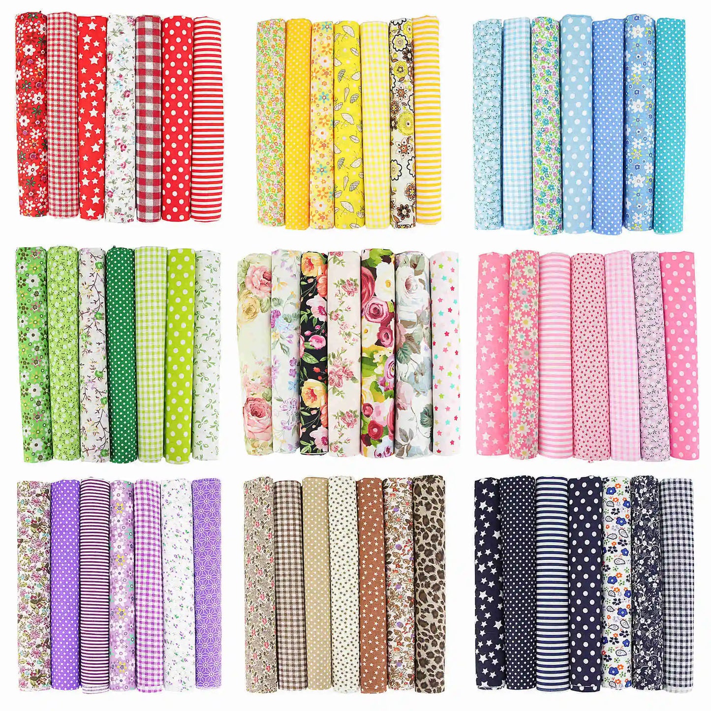1-Set 7 Different Colors Handmade Warp Knitted Squares Laminated Printed 100% Cotton Patchwork Quilting Brocade Fabric Cloths/Floral/Striped/Geometric Designs/Machine Washable/Ironing Instructions