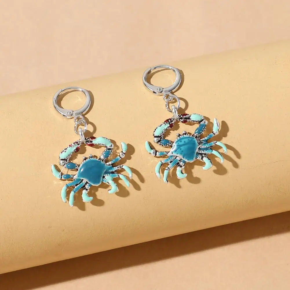 Adult Women-Teens Girls Iron Metal Blue Crab Shape Silver Colored Back Imitation Drop Dangle Glossy Hook Earrings