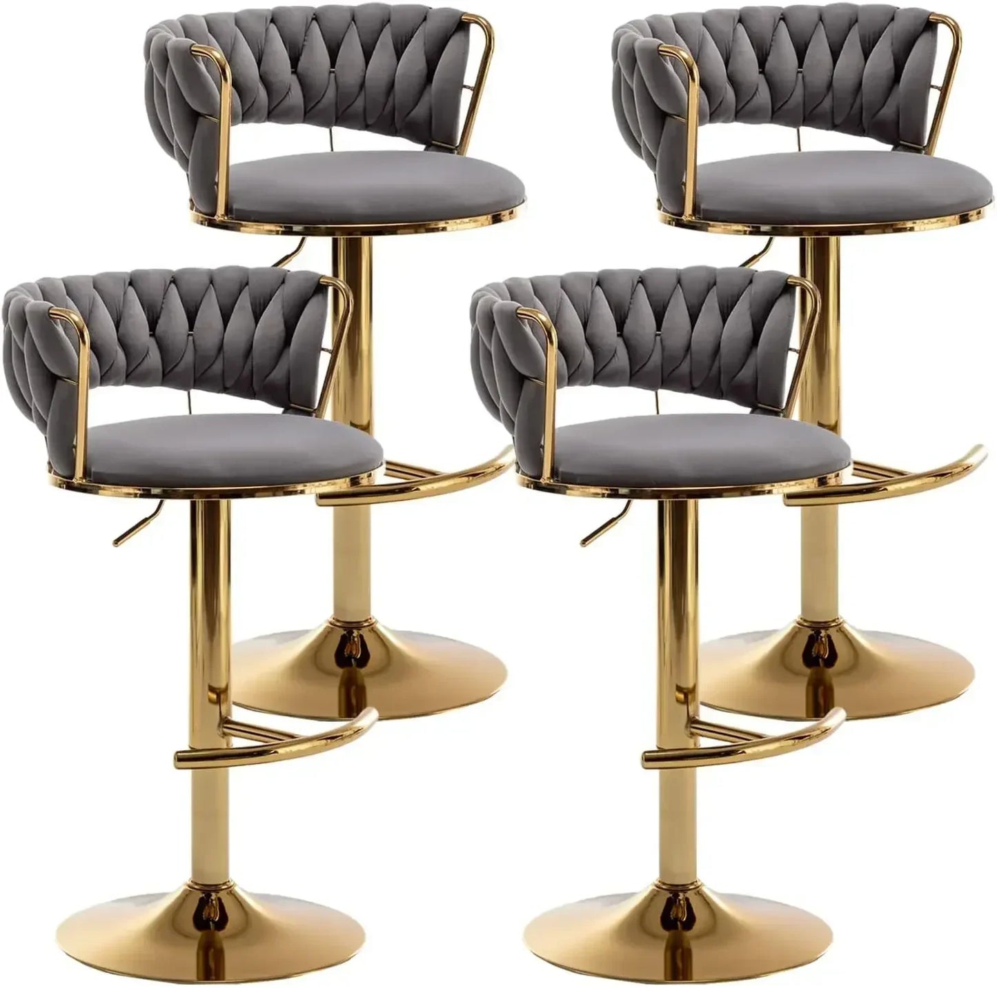 4 pcs Round Swivels 360 Low Back Height Adjustable Metal Arms Velvet Upholstered Foam Cushion/ Thicken Metal Tube Frame-Footrest/ Weight Capacity 300lbs/