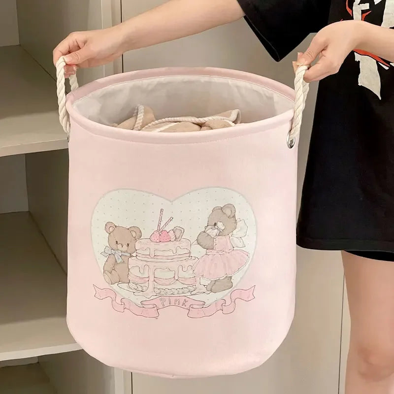 Babies Cartoon Animal Design Canvas Round Collapsible Pink Fabric Laundry Storage Baskets