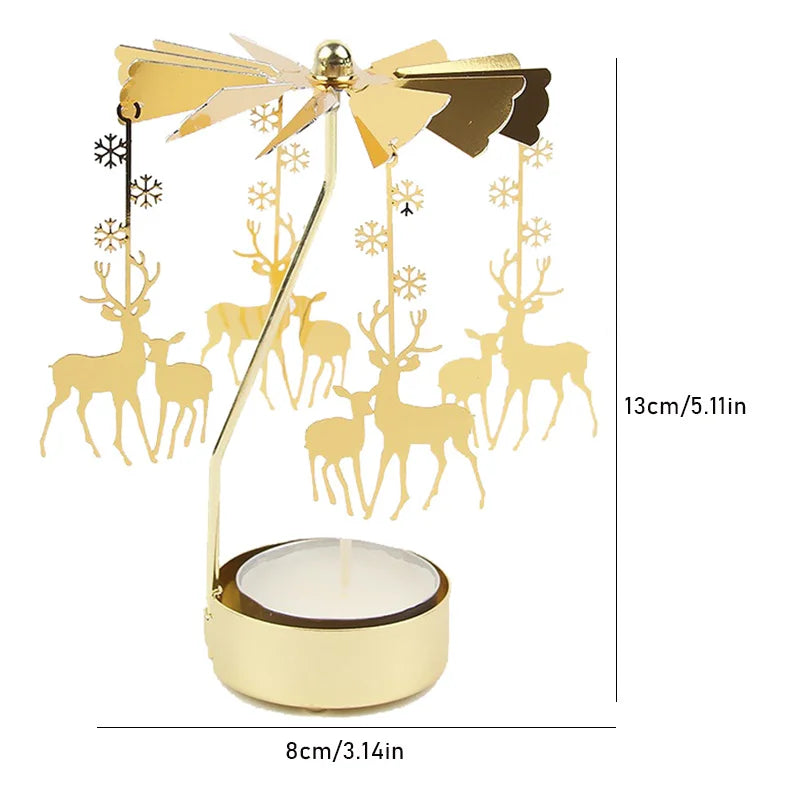Gold Stainless Steel Metal Rotating Carousel Deer-Snowflake Small Tealight Candleholders
