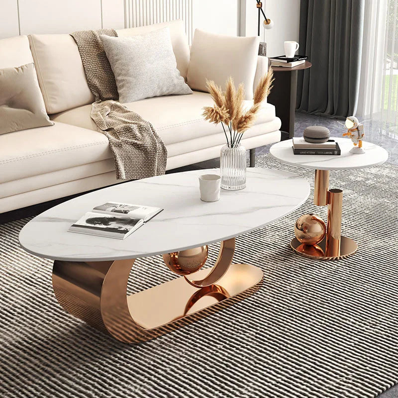 2 pcs Marble Topped Oval-Shaped Coffee Table Gold Colored Metal Base / Small Round Coffee Table Set/ Size: Oval Table 42cm H x 120/130cm W/ Size: Small Round 50cm W x 48cm H