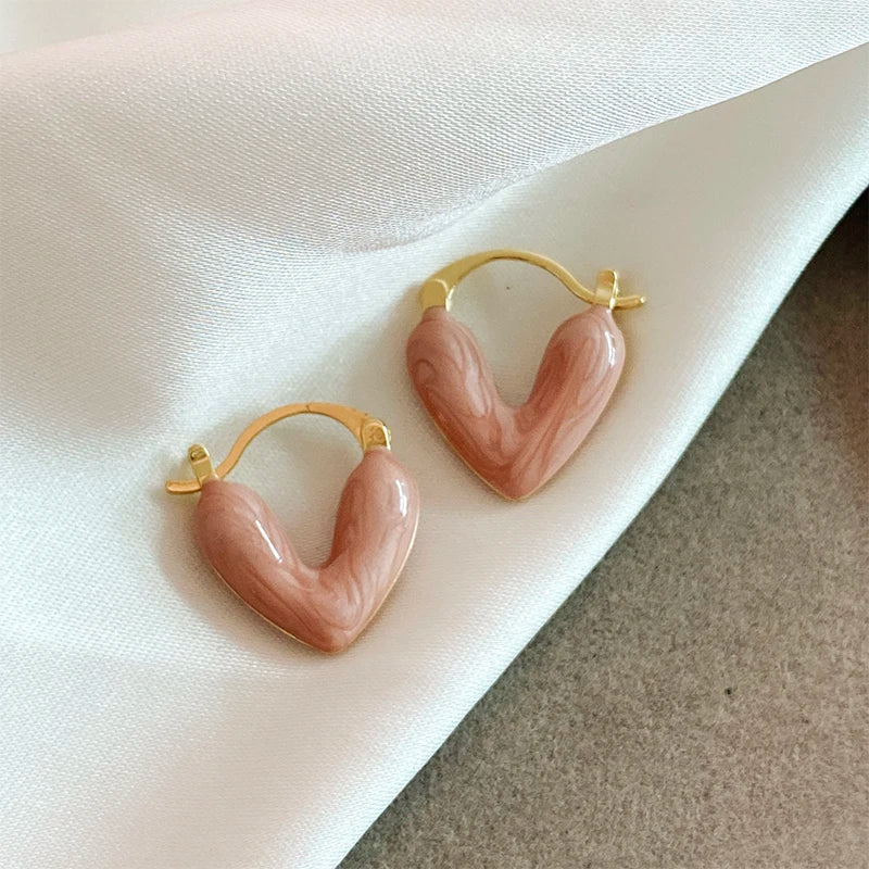 Women Imitation Red Wine Enamel Heart Shaped Tear Drop Gold Copper Earrings