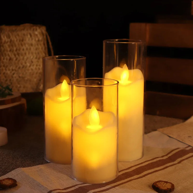 6 PCS Set LED Round Cup-Shaped Plastic Acrylic Glass Electronic Realistic Flickering Flameless Small Tealight Candles/Batteries Included/ 3 Extra-AG13 Batteries/Colors-White/Clear/Yellow