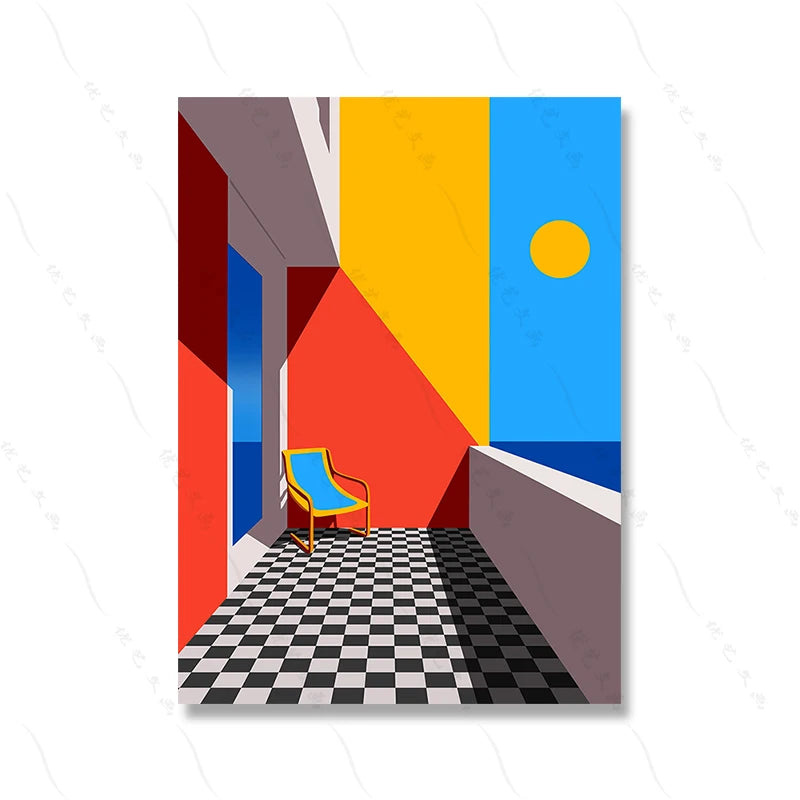 Modern Rectangle Canvas Frameless Mirrored Colorful Waterproof Ink Game Balcony-Poolside Rooftop Giclee Abstract Wall Prints/Colors-Multicolor/Blue/Red/White
