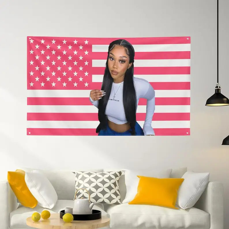 Double Stitched Personalized Custom Photo Polyester Pink USA America Flag Travel Wall Hanging Tapestries/ 2 Sturdy Brass Grommets/Colors-Pink/Red/Striped